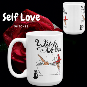 Original Artwork Graphic Print "Witch Mom" Coffee Tea Mug with Black Cat, Tub, Witch Hat Gift 11oz or 15oz!