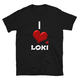 Norse God Of Mischief Loki "I love Loki" Tee Shirt in Black Blue and Grey