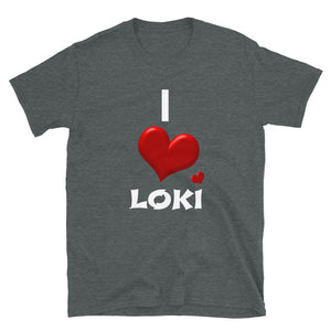 Norse God Of Mischief Loki "I love Loki" Tee Shirt in Black Blue and Grey