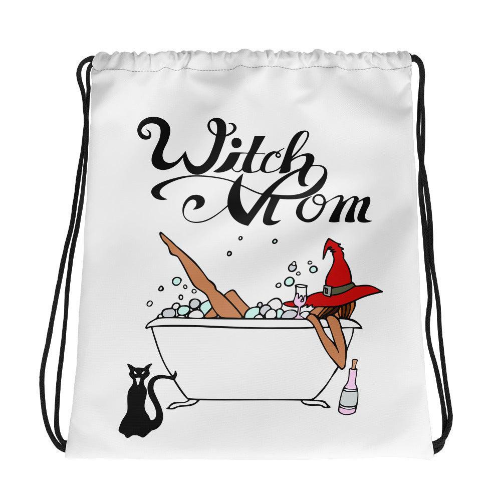 Drawstring  "Witch Mom" Tub Hat Wine and Black Cat Relax Gift Exclusive Custom Print - BlackTreeBlueRaven