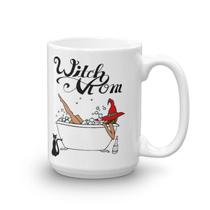 Original Artwork Graphic Print "Witch Mom" Coffee Tea Mug with Black Cat, Tub, Witch Hat Gift 11oz or 15oz! - BlackTreeBlueRaven